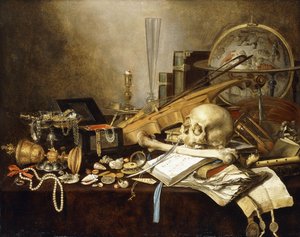 Bir Vanitas Müzik Aletleri ve El Yazmalarından Natürmort, Devrilmiş Yaldızlı Kadehi, Mücevher Tabutu, Şamdan, Astrolojik Küre, İnci Dizisi, Mücevherler, Kabuklar, Kafatası ve Uyluk kemiği ve Drapeli Masada Kum Saati, 1653
