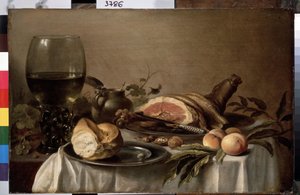 ""Jambon, ekmek, şeftali ve fındık ile kahvaltının natürmort"" (Jambonlu kahvaltı) Tablo Pieter Claesz (yaklaşık 1597-1660) 1647 Dim. 40x61 cm Saint petersburg, inziva yeri müzesi by Pieter Claesz