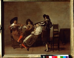 ""Soiree müzikal"" (müzikal akşam) Üç müzisyen ve genç bir kadın (vokal). Pieter Codde (1599-1678) tarafından yapılan boyama 17. yüzyıl Puşkin Müzesi, Moskova by Pieter Codde