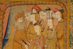 Flaman halısı. Duyuru. Detay, c.1502-04 (altın, gümüş, ipek ve yün) by Pieter Coecke van Aelst
