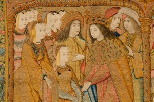 Flaman halısı. Duyuru. Detay, c.1502-04 (altın, gümüş, ipek ve yün) by Pieter Coecke van Aelst