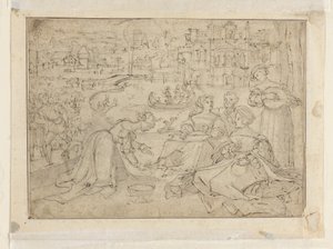 Recto- Nisan Ayı (Bir şatonun yakınındaki bir parkta figürler); Verso- İnsanlığın Üç Çağından Gelen Gençlik by Pieter Coecke van Aelst