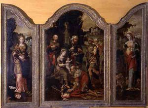Magi ve iki azizin tapınmasını tasvir eden üç parça (panelde yağlı boya) by Pieter Coecke van Aelst