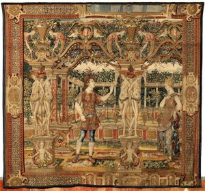 Vertumnus ve Pomona: Vertumnus bir budayıcıya dönüştü, yaklaşık 1550 (altın, yün ve ipek) by Pieter Coecke van Aelst