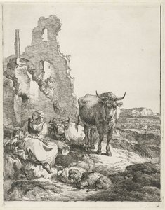Bir harabenin önünde duran ve yatan inek ve çoban ile manzara by Pieter Gerardus van Os