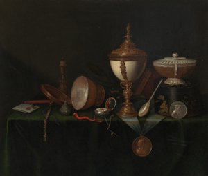 Devekuşu Yumurtası ve Whitfield Heirlooms ile Natürmort, c. 1670. by Pieter Gerritsz van Roestraeten