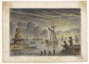 Gemiler, değirmen ve teknik ressam ile kıyı görünümü by Pieter Louw (attributed to)