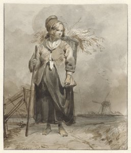 Sırtında sopa ve sepet olan duran kadın by Pieter Marinus van de Laar (attributed to)
