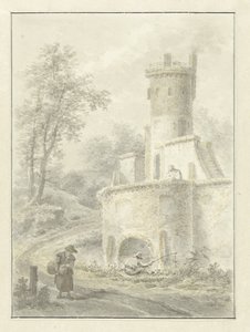 Fener ve bir kale kulesinin yanında yürüyen kadın ile manzara by Pieter Pietersz. Barbiers