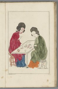 İki Çinli kadın bir kart oyunu oynuyor Çinli kadınlar, çiçekler ve kuşlar (dizi adı) by Pieter Schenk (II) (possibly)