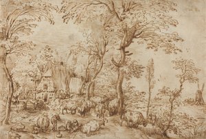 Çiftlik Evinin Yanındaki Köylüler ve Sığırlar, c.1553-54 (kağıt üzerine kalem ve kahverengi mürekkep) by Pieter Bruegel the Elder