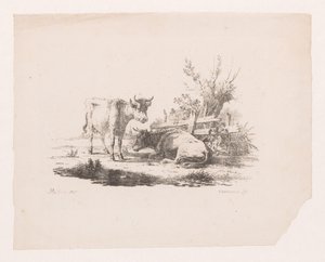 Bir çitin yanında iki inek ve bir pollard söğüt by Pieter de Goeje