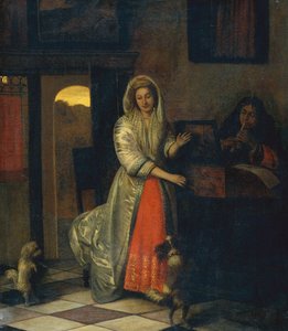 Dans Eden Köpeklerle Müzik Yapan Bayan ve Bir Beyefendi by Pieter de Hooch