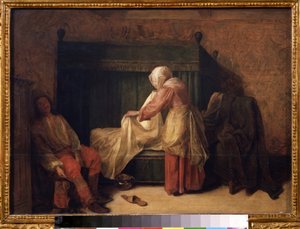 "Genç Bir Adamın Sabahı" (Genç Bir Adamın Sabahı) Bir hizmetçi yatağı yeniden yaparken genç bir adam uyanmaya hazırlanır. Yerde bir terlik ve bir lazımlık. Pieter de Hooch (1629-1684) 1655-1657 Puşkin Müzesi, Moskova by Pieter de Hooch