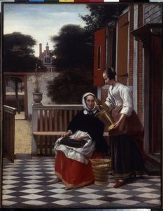 Hanım ve hizmetçisi. (Bir Hanımefendi ve Hizmetçisi). Terasta bir dikiş işiyle meşgul olan evin hanımı, hizmetçisinin yaptığı işe bakar. Pieter de Hooch
