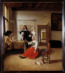 İçici Diğer içicilerle çevrili bir Flaman evinde alkolik bir kadın. Pieter de Hooch (1629-1684) 1658 Sun tarafından tablo. 0,69x0,6 m - Askerlerle içen kadın. Bir Flaman evinin içi. Pieter de Hooch