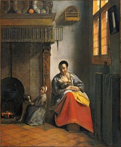 Bebeğini emziren kadın, yanında bir çocuk ve bir köpek by Pieter de Hooch
