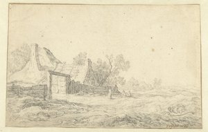 Bir çiftliğin önünde üç figürlü kumul manzarası by Pieter de Neyn
