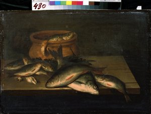"Balıklarla Natürmort" Resim Pieter de Putter (yaklaşık 1600-1659) 17. yüzyıl Mikhail Kroshitsky Sanat Müzesi, Sivastopol (Sivastopol) Ukrayna by Pieter de Putter