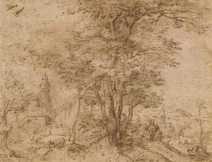 Bir grup ağaç ve katırlı bir köy, c.1552-54 by Pieter Bruegel the Elder