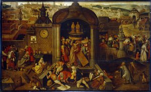 Mesih Tüccarları Tapınaktan Sürerken. (Mesih Tefeciyi Tapınaktan Sürerken). Şehrin panoramasının önünde arka planda İsa'nın Tutkusu'ndan sahneler. Hieronymus (Jerome) Bos'tan etkilenen Hollandalı bir sanatçının resmi by Pieter Bruegel the Elder