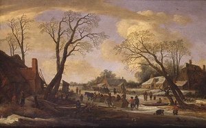 Köylüler ve Atlı Kızaklarla Bir Kış Nehir Manzarası by Pieter the Elder Molyn