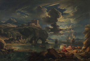Bir Akdeniz mehtaplı kıyı manzarası, c.1700-01 (tuval üzerine yağlı boya)