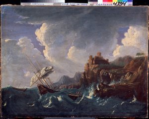 Fırtınalı deniz. Fırtınalı deniz. Pieter Mulier II Genç (veya Pietro Mulieribus veya Pietro Cavaliere Tempesta) (1637-1701) tarafından yapılan resim. Hollanda sanatı, barok tarzı. Tuval üzerine yağlıboya. Devlet Tarih ve Sanat Müzesi, Serpukhov (Serpukhov)