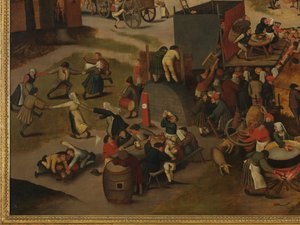 St Hubert ve St Anthony Onuruna Bir Tiyatro Gösterisi ve Alayı ile Bir Köy Festivali by Pieter Brueghel the Younger