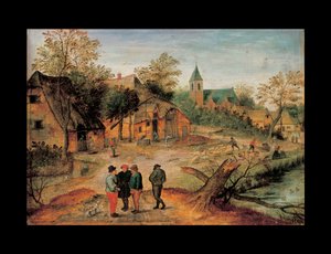 Çiftçilerin ön planda sohbet ettiği bir köy manzarası, 1634 by Pieter Brueghel the Younger