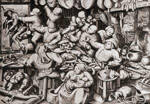 16. yüzyılda zengin bir adamın mutfağından atılan dilenci (gravür) by Pieter the Younger Brueghel