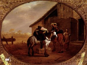 Otelden hareket Bir handa mola verdikten sonra iki atlı atlarına biner. Pieter Van Laer dit Bamboccio (BAmboche ou Bamboots) (1592/5-1642) (ec.holl.) tarafından yapılan tablo 17. yüzyıl Güneş. 32x43 cm Paris, musee du Louvre - Inn