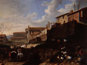 Kiliseler, evler ve gezginler ile Capriccio manzarası (petrol)