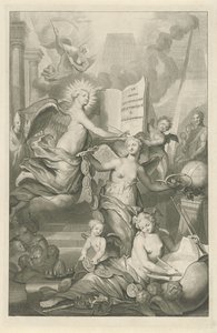 Şöhret, Sonsuzluk ve Yazma Sanatı Louis Moréri için başlık sayfası, Le grand dictionaire historique, 1731 by Pieter van Gunst