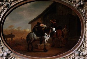 Handan Ayrılan Yolcular (panelde yağlı boya) by Pieter van Laer
