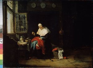 İğne işi. Pencerenin önündeki yaşlı bir kadın kırmızı bir kumaşa mal oluyor. Gözlük takıyor. Pieter Van Noort