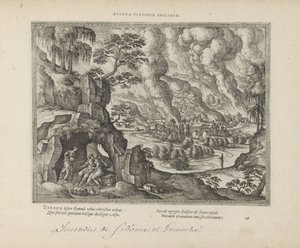 Vernietiging van Sodom en Gomorra / Lot en zijn dochters Ebedi adalet mezarı (nesne üzerindeki başlık) Her iki Ahit