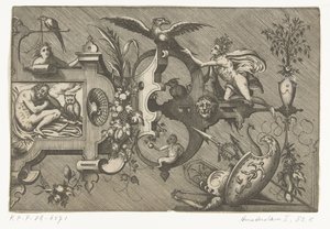 Geceyi tasvir eden büyük bir kartuşun sağ yarısı Compertimenta pictoriis flosculis manubiisque… (dizi adı) by Pieter van der Heyden