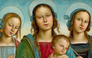 Aziz Rosa ve Catherine arasındaki Bakire ve Çocuk (chromolitho) by Pietro (after) Perugino