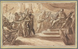 Bir piskopos zincirlenir ve bir Roma imparatorunun önüne getirilir by Pietro Bianchi