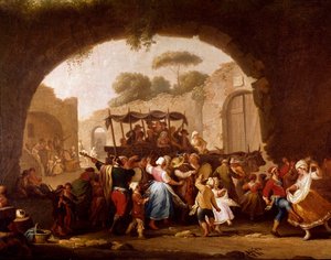 Napoli Detayında dans sahnesi ve popüler parti. Tarantella dansçıları (tarantella, tarantella). Pietro Fabris