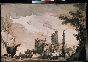 ""Liman Manzarası"" Tiyatro Dekoru. Suluboya Pietro di Gottardo Gonzaga (1751-1831) 1818. Kağıt üzerine suluboya ve mürekkep. Moskova, Puşkin Müzesi