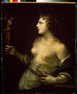 ""Urania"" (Urania) astronomi ve astrolojinin koruyucu İlham Perisinin temsili, bir küre üzerinde elini tutuyor. Resim Pietro Liberi (1614-1687) 17. yüzyıl Mikhail Kroshitsky Sanat Müzesi, Sivastopol (Sivastopol) Ukrayna
