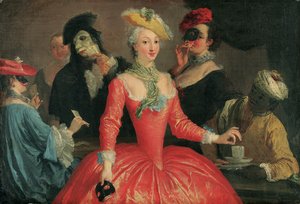 Maskeli kostümlü zarif bir şirket kahve alıp kağıt oynuyor. by Pietro Longhi