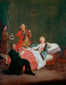 Sabah, soyluların çikolatalı genç kadını, yatağında üç adam tarafından servis ediliyor. Pietro Longhi (1702-1785) 1775-1780 tarafından boyama. karartmak 60x47 cm Ca 