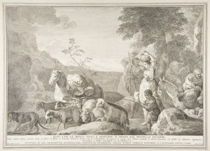 Esav ve ailesi, Jacob Esau ile eşleri, oğulları ve maddeleri ayrı ayrı yollarını ayırıyor ..., 1743-63. by Pietro Monaco