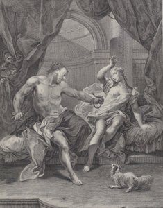 Samson ve Delilah bir yatakta oturuyorlar, Samson elini bağlayan ipleri koparıyor..., yakl. 1730-39. by Pietro Monaco