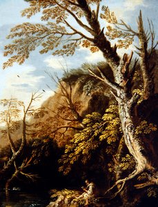 Bir Münzevi ile Ormanlık Bir Manzara (tuval üzerine yağlı boya) by Pietro Montanini