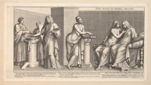 Aldobrandinian düğünü (sol kısım) Nova nupta in geniali thalamo (nesnedeki başlık)