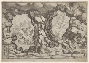 Merkezde bir kayayı kaldıran bir dev, diğer devler sola ve sağa mücadele ediyor ve geri dönüyor..., ca. 1680.